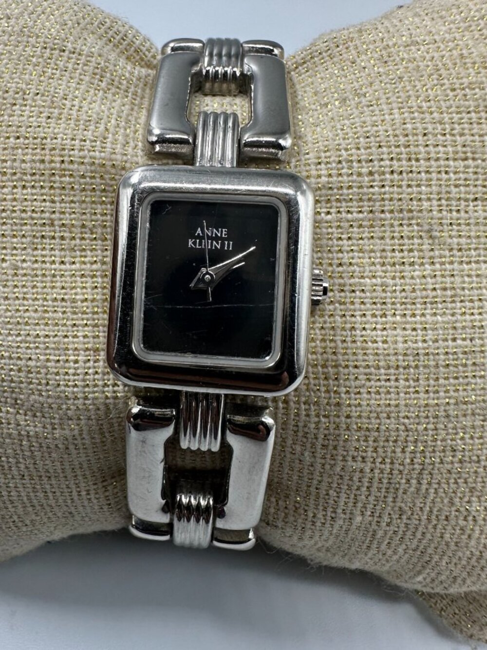 3/$30 Anne Klein Watch Women Silver Tone Black Square Dial New Battery 6"
